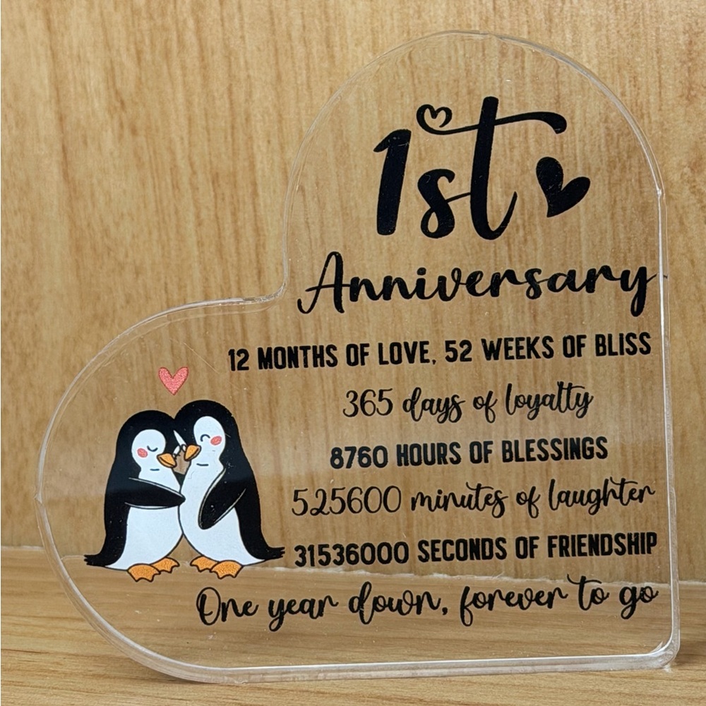 1st Anniversary Penguin Heart  Clear Acrylic Plaque